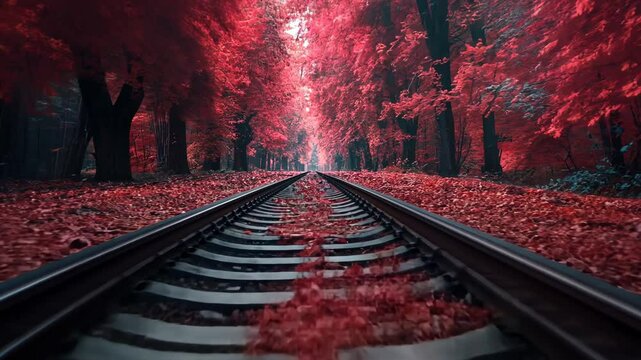 Railroad tracks vanishing into a vibrant red autumn forest, covered in fallen leaves.
