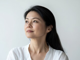 Obraz premium Thoughtful Asian woman looking into the distance, pure white backdrop, capturing strength through introspection and calm