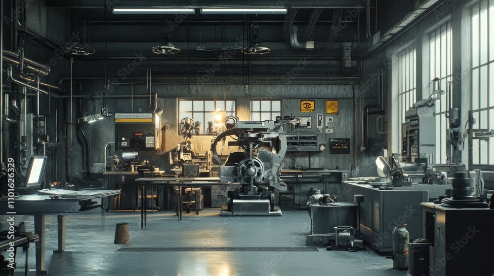 Poster an industrial setting where metal parts are being polished to a mirror finish, with machines and wor