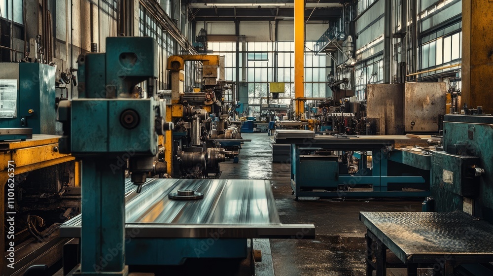 Poster An industrial setting where metal parts are being polished to a mirror finish, with machines and workbenches surrounding the process.