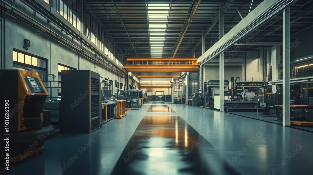 Aufkleber an industrial setting where metal parts are being polished to a mirror finish, with machines and wor