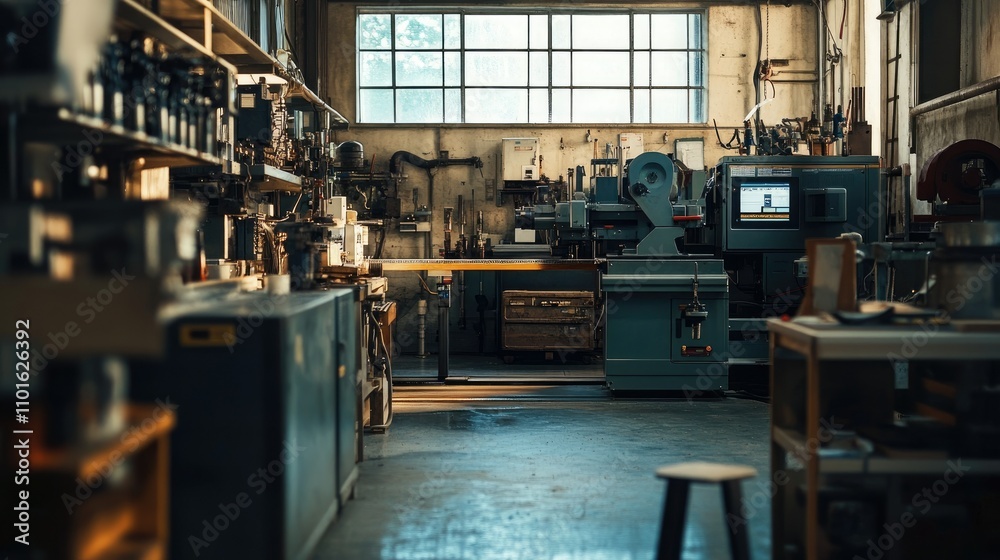 Poster an industrial workshop where a cnc machine uses water cooling to ensure precision during the metal c