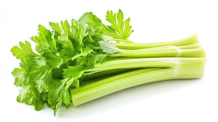Vibrant green celery stalks with fresh leaves, showcasing their crisp texture against a plain white background.