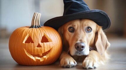 Dog with a black witch's hat resting next to a carved Halloween pumpkin, exuding a festive and charming autumn spirit.