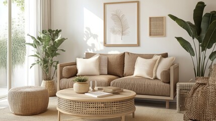Neutral-toned living room with a beige couch, woven coffee table, and potted plants. The room is bathed in soft, natural light, creating a calm and inviting atmosphere.