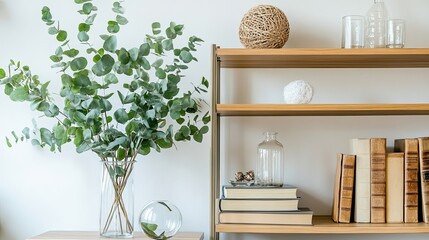 A modern, minimalist interior features a wooden shelf with books, decorative items, and a eucalyptus bouquet in a glass vase. Soft, natural light enhances the calming atmosphere.