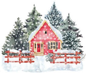 Winter landscape house and trees. Christmas scene