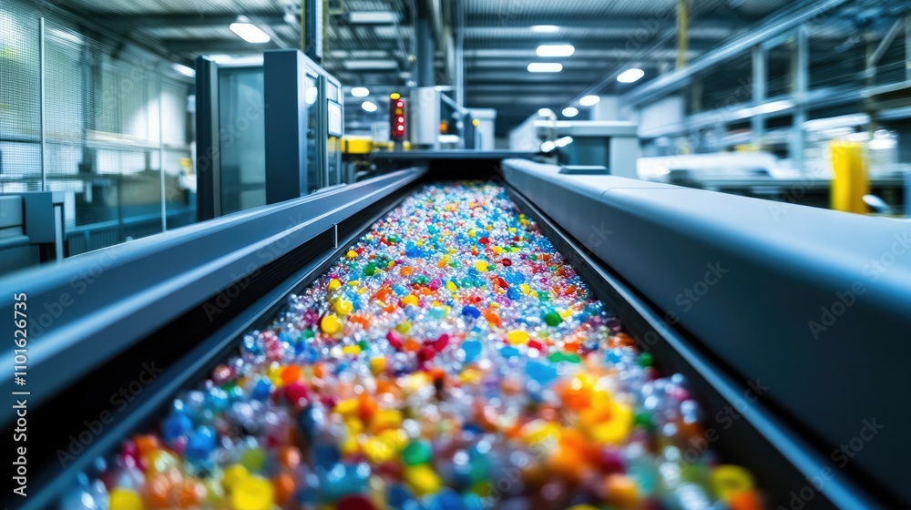 Poster Brightly lit sorting machine in a plastic manufacturing facility, color-coded plastics passing through the machine for efficient sorting and recycling
