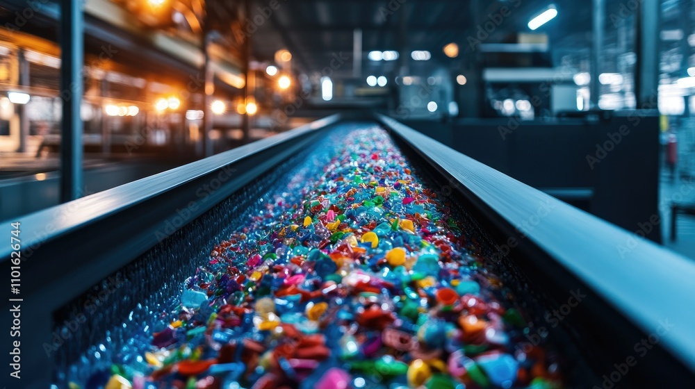 Aufkleber Brightly lit sorting machine in a plastic manufacturing facility, color-coded plastics passing through the machine for efficient sorting and recycling
