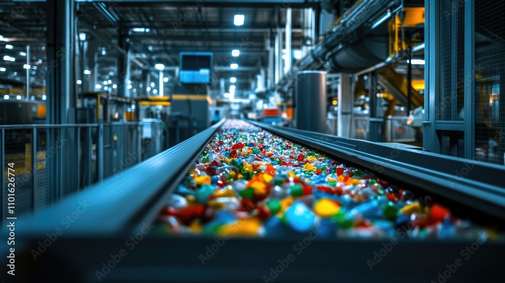 Aufkleber Brightly lit sorting machine in a plastic manufacturing facility, color-coded plastics passing through the machine for efficient sorting and recycling