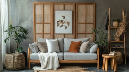 A light grey sofa sits in a room with a calm and neutral color scheme. The room is decorated in a minimalist style, using natural materials such as wood and plants.