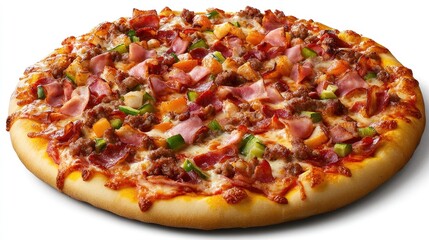 Pizza with crispy bacon, ham, and a colorful mix of fresh vegetables on a golden crust, showcasing a delicious and hearty topping combination.