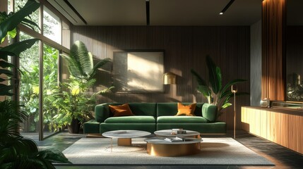 Fototapeta premium Modern home with green velvet sofa, coffee tables, cabinet, and tropical plant
