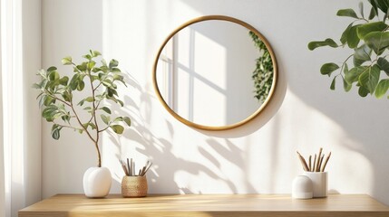 Modern interior with mock up photo frame, design office accessories and plants on the wooden desk. Beautiful mirror on the white wall. Creative desk of home decor. Warm and sunny room