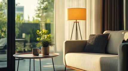 Modern interior with small designer table, sofa and lamp