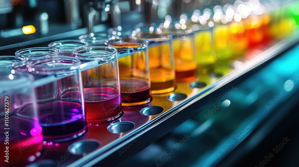 Aufkleber Close-up of a colorful filling machine at work, with soft gradients in the lighting and a seamless, efficient filling process in a high-tech production line