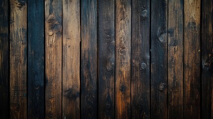 Naklejka premium Rich dark brown wooden texture with weathered planks, featuring deep grain patterns and a rustic finish, ideal for backgrounds or design elements.