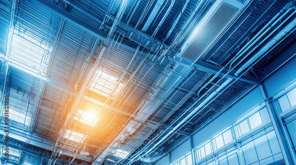 Poster close-up of a complex network of ducts in a modern industrial building, showcasing detailed design a