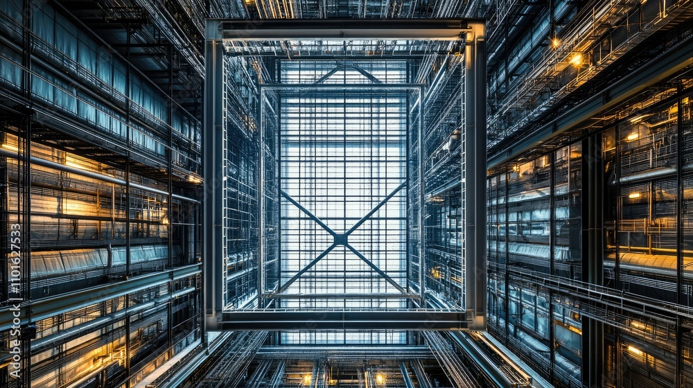 Poster close-up of a complex network of ducts in a modern industrial building, showcasing detailed design a