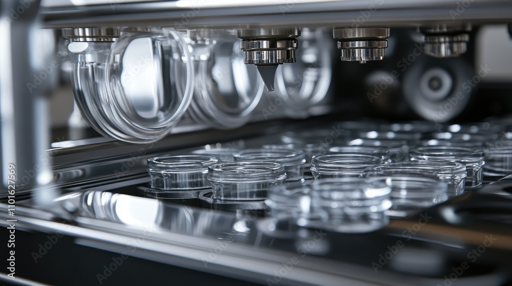 Poster Close-up of a filling machine automatically filling plastic containers with liquid, showcasing the fast-paced, highly efficient packaging process.