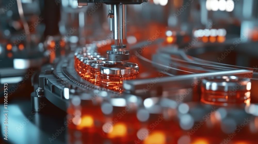 Poster Close-up of a filling machine automatically filling plastic containers with liquid, showcasing the fast-paced, highly efficient packaging process.