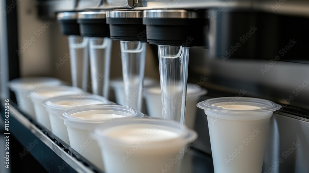 Aufkleber Close-up of a filling machine automatically filling plastic containers with liquid, showcasing the fast-paced, highly efficient packaging process.