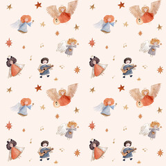 A beautiful pattern of  an angels and  glowing stars. The design has a gentle, celestial feel with warm and pastel colors, perfect for textiles, wallpapers, and stationery.
