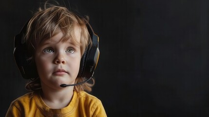 Child Wearing Headset, Listening Attentively,  Young Boy in Yellow Shirt,  Enjoys Audio,  Dark Background,  Photographic Portrait