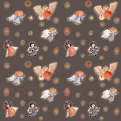 A beautiful pattern of  an angels and  glowing stars on dark background.The design has a gentle, celestial feel with warm and pastel colors, perfect for textiles, wallpapers, and stationery.