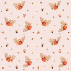 A beautiful pattern of  an angel with candlelight surrounded by soft clouds, candles,  stars. The design has a gentle, celestial feel with warm and pastel colors, perfect for textiles, wallpapers, an