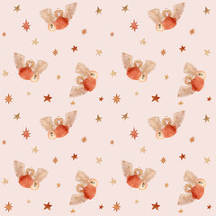 A beautiful pattern of  an angel with candlelight surrounded by soft clouds and glowing stars. The design has a gentle, celestial feel with warm and pastel colors,for textiles, wallpapers.