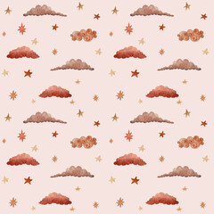 Watercolor seamless pattern of stars and clouds on light background.Perfect design for stationary,fabrics,wallpapers.