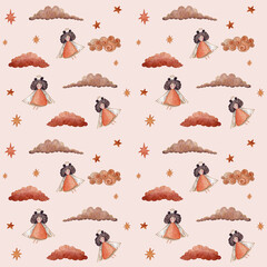 A beautiful pattern featuring an angel in an orange dress, surrounded by soft clouds and glowing stars. The design has a gentle, celestial feel with warm and pastel colors, for textiles, wallpapers.