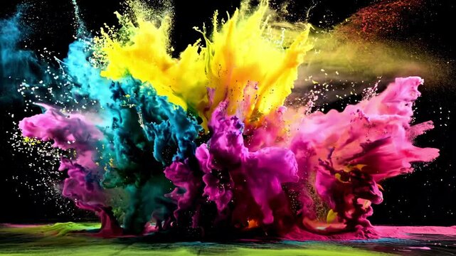 A vibrant explosion of colorful powder bursts forth against a black background