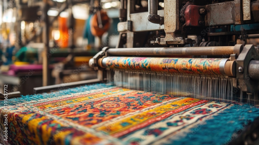 Poster Close-up of a loom machine creating an intricate, vibrant textile design in a lively factory, with vivid colors and busy machinery.