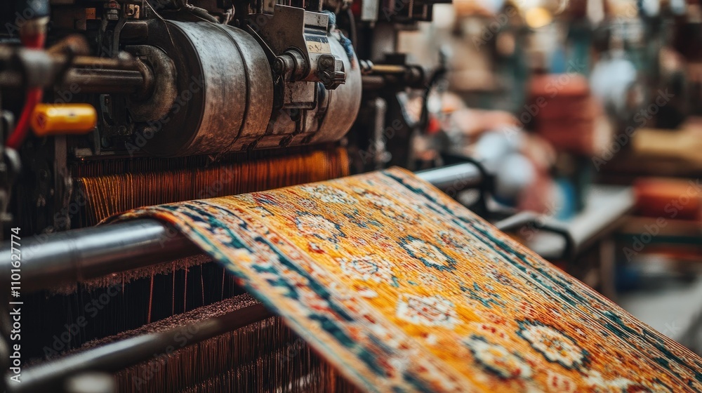 Poster Close-up of a loom machine creating an intricate, vibrant textile design in a lively factory, with vivid colors and busy machinery.