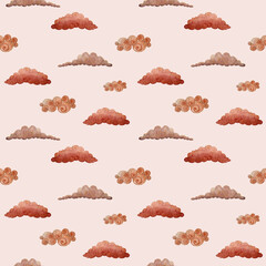 A soft and delicate pattern featuring colorful clouds on a light background. Designed in a pastel palette, it evokes a sense of lightness and calm. Perfect for baby textiles, wrapping paper.