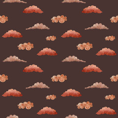 A soft and delicate pattern featuring colorful clouds on a dark background. Designed in a pastel palette, it evokes a sense of lightness and calm. Perfect for baby textiles, wrapping paper, bedding, o