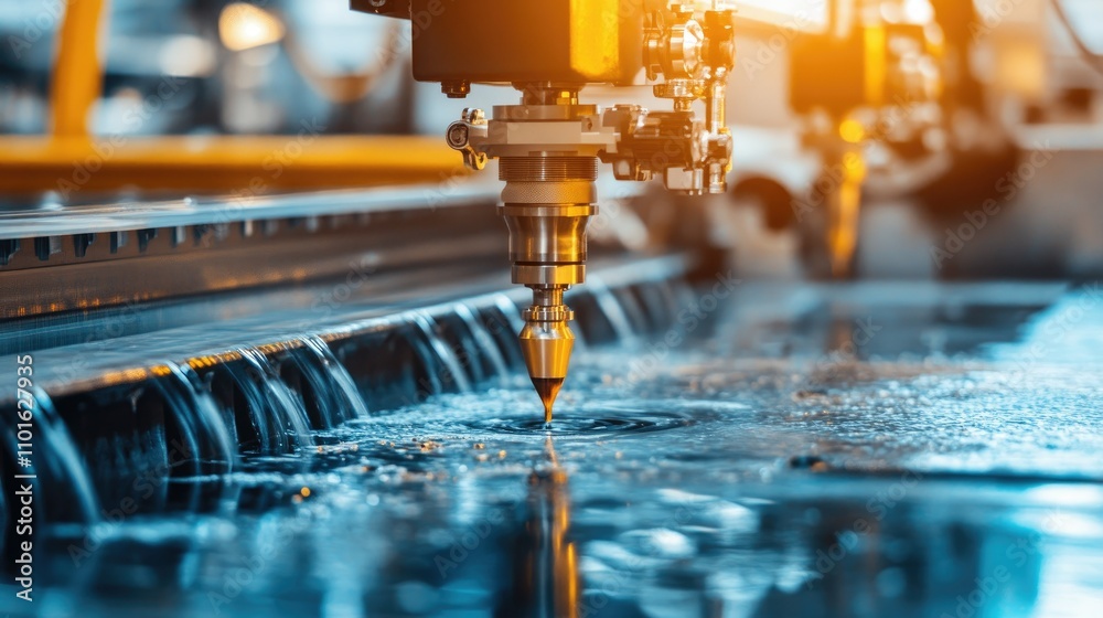 Poster close-up of a precision machine with water cooling system, showing the process of cutting metal with