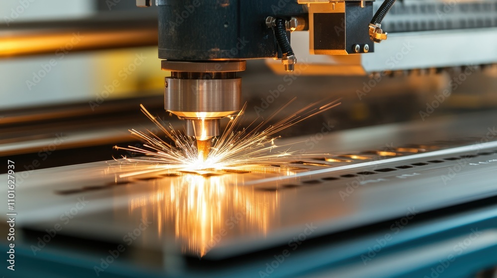Poster close-up of a precision machine with water cooling system, showing the process of cutting metal with