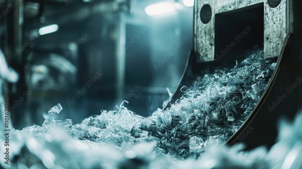 Poster Close-up of a plastic shredding machine processing waste materials in a recycling plant, showcasing the intricate mechanics and recycled output