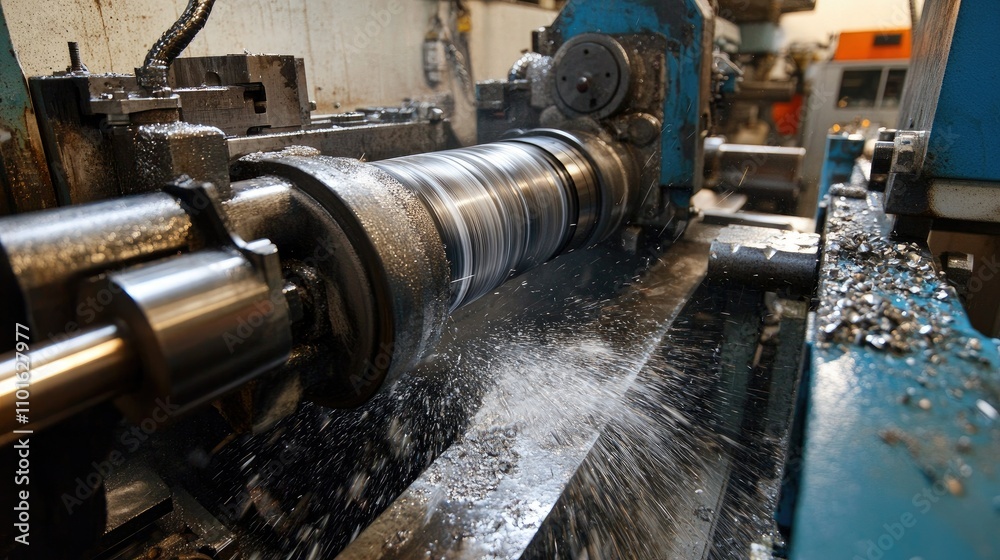 Poster close-up of a precision machine with water cooling system, showing the process of cutting metal with