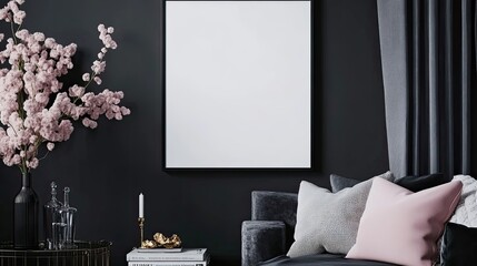 Modern living room interior with black mock up poster frame, design commode, pillows, flowers in vase, books, and elegant accessories. Template. Stylish home decor
