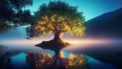 glowing tree on a misty lake