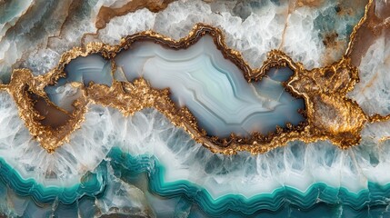 Teal, white, and brown agate close-up showcasing intricate gold accents and stunning natural patterns in a mesmerizing display of color and texture