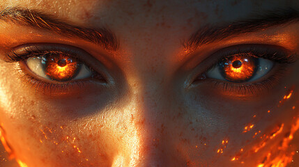 Dramatic close-up of a woman's eyes glowing with fiery orange light during a vivid artistic representation. Generative AI