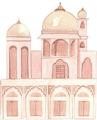 Handdrawn Traditional Indian Building with Unique Architecture watercolor