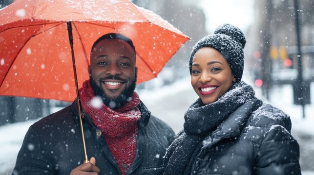 Couple enjoying snowfall under orange umbrella in winter