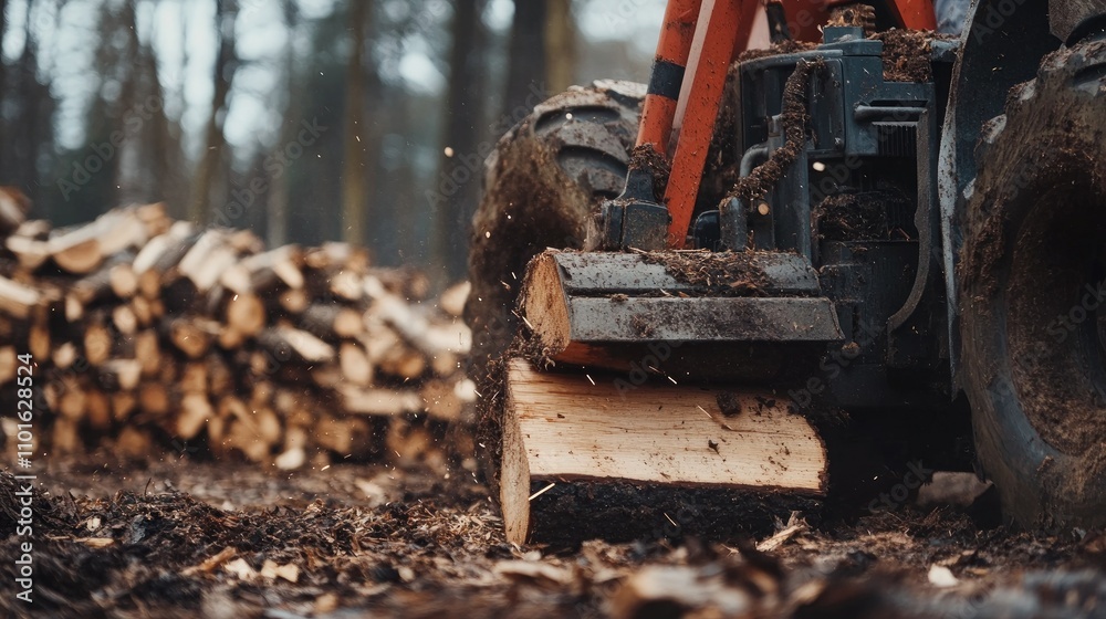 Aufkleber Close-up of a rugged log splitter machine in action, splitting logs in a forest setting with wooden piles scattered around the machine.