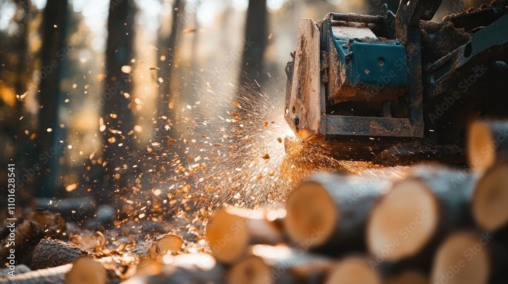 Aufkleber Close-up of a rugged log splitter machine in action, splitting logs in a forest setting with wooden piles scattered around the machine.